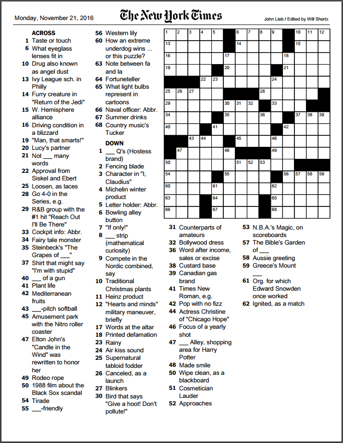 New York Times Crossword Printable Customize and Print