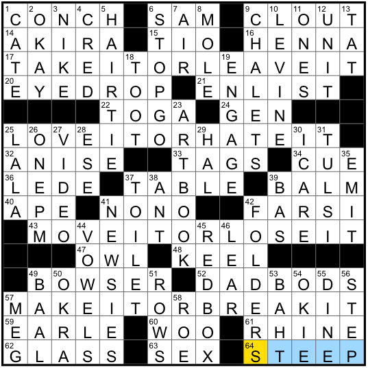 Monday, October 11, 2021 NYT crossword by Ben Pall