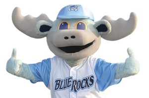 Blue Rocks mascot Rocky Bluewinkle. A light blue and light gray moose in a white and light blue jersey with Blue Rocks written on it.