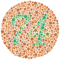 Ishihara color blindness test. The number 74 is made of green dots in a background circle of red dots