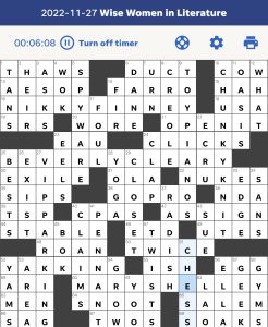 Zhouqin Burnikel's USA Today crossword, "Wise Women of Literature" solution for 11/26/2022