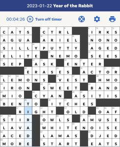 Zhouqin Burnikel's USA Today crossword, "Year of the Rabbit" solution for 1/22/2023