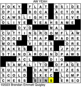 Brendan Emmett Quigley's Crossword #1557, “Aw Yeah” solution grid for 3/16/2023