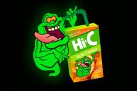 Slimer, a bright green blobby ghost, with a juice box of Hi-C Ecto Cooler