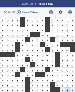 Matthew Stock's USA Today crossword, "Take the T.O." solution grid for 8/11/2023