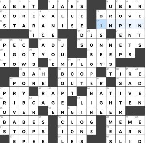 Matthew Stock's USA Today crossword, “Bop to the Top” solution for 10/29/2023