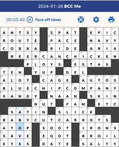 Nate Cardin's USA Today crossword, “BCC Me” solution for 1/28/2024