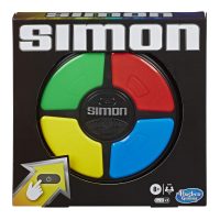 Photo of Simon game, a black circle with red, blue, yellow, and green buttons